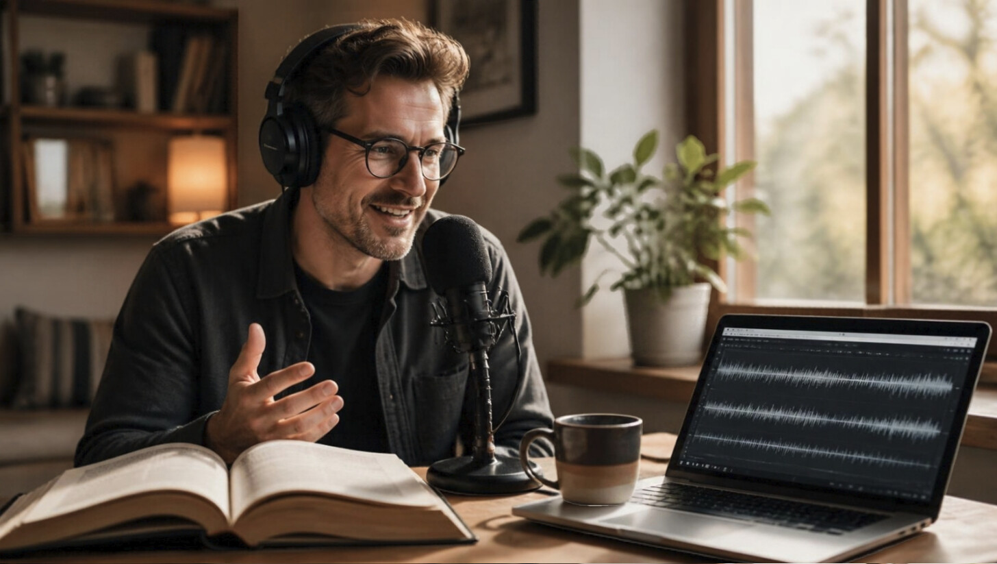 Audiobook recording setup with a studio microphone